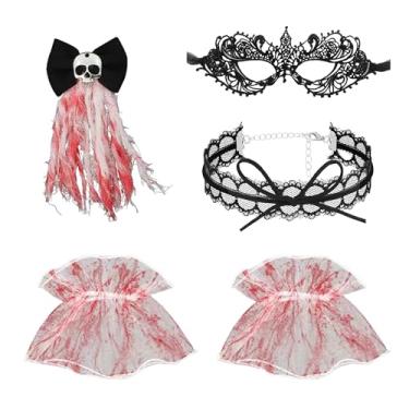 Imagem de Máscaras de Halloween e gargantilha com laço e pulseira de renda escura gótica conjunto de noiva fantasma preto
