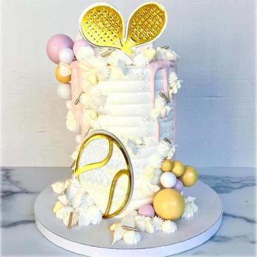 Imagem de Raquete de tênis premium atleta feliz aniversário topo de bolo, acrílico dourado, festa temática de tênis infantil, meninos e meninas atleta festa de aniversário e decoração de festa temática de jogo