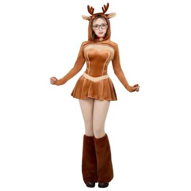 Imagem de haikyuu Fantasia feminina de rena para cosplay de Natal, vestido de alce, saia de veado com colar de cobertura para os pés, Marrom, M