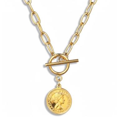 Imagem de KERDEETE Colar grosso de moedas de ouro para mulheres, colar moderno de 45,7 cm, colares de alternância antiga, colares com pingente de corrente, joias de presente para mulheres