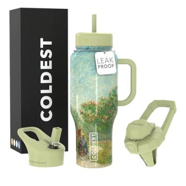 Imagem de Copo Coldest com alça e canudo, copo isolado 100% à prova de vazamento com tampa e canudo (3 tampas), copos de aço inoxidável para mulheres e homens, base compatível com porta-copos, 1,020 g (casais