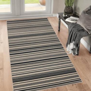 Imagem de USTIDE Easy Jute Tapete de área 7,5 x 12,5 cm, moderno, listrado, preto, para sala de estar, quarto, geométrico, pátio, entrada, tapete, antiderrapante, para quinta, pátio, quarto