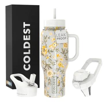 Imagem de Copo Coldest com alça e canudo - Copo isolado 100% à prova de vazamento com tampa e canudo (3 tampas) - Copos de aço inoxidável para mulheres e homens - Base compatível com porta-copos, 1,020 g