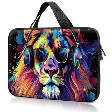 Imagem de Bolsa para laptop de 14 polegadas e 38 cm, bolsa para computador, 36 cm e 39 cm, capa compatível com Dell, Lenovo, Toshiba HP, Asus Notebook Messenger Briefcase-Lion com fones de ouvido