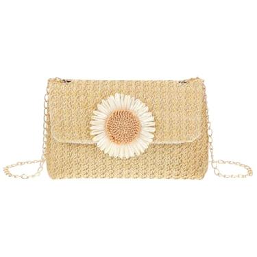 Imagem de Classicseali Bolsa transversal de palha, transversal de tecido margarida, bolsas transversais de palha multifuncionais, alças de corrente de metal removíveis, para trabalho, encontros, vida diária e