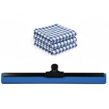 Imagem de Kit Rodo de Limpeza de Metal 40cm com Borracha Dupla Camada + 3 Panos de Chão de Algodão Xadrez 45x65cm – Rodo Grande para Secar Piso Residencial e Profissional – Não Acompanha Cabo