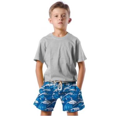 Imagem de Shorts Infantil Bermuda Calção Praia Verão Ondas Mar Azul Cartoon 103 