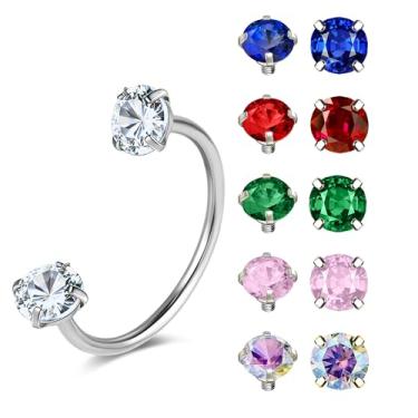 Imagem de 6ixGosh G23 Anéis de nariz de ferradura de titânio 20G para sapata de cavalo argolas de aço cirúrgico meia cartilagem tragus brinco argola rosca interna dupla zircônia cúbica nariz septo joia, Titânio