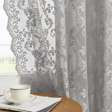 Imagem de Cortinas de renda cinza 182 cm de comprimento, 2 painéis vitorianos Paisley cortinas de renda transparente para sala de estar, quarto, bolso de varão, filtragem de luz, cortinas francesas vintage