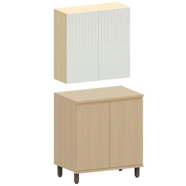 Imagem de Kit Armário Aéreo E Balcão 2 Portas 80 Cm Aurora Cinza Cristal Pet/carvalho