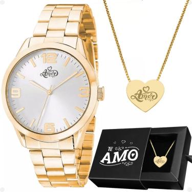 Imagem de Relogio Feminino Aço Dourado + Colar Coração Amor + Caixa Presente Social Inoxidavel Original Moda