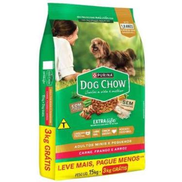 Imagem de Ração Seca Nestlé Purina Dog Chow Extra Life Cães Adultos Carne, Frango e Arroz Raças Mini e Pequenas - 15 + 3Kg