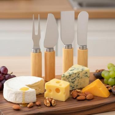 Imagem de Kit para Queijo e Petiscos 4 Peças em Aço Inox – Conjunto para Frios, Queijos, Vinhos e Churrasco – Faca, Garfo e Espátula Gourmet para Petisco - UpShop