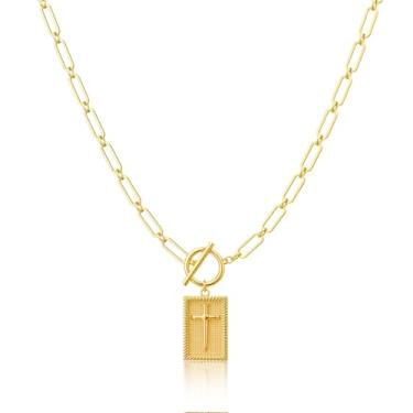 Imagem de Shanmeidㅤ Colar com pingente de cruz banhado a ouro para mulheres, colar com pingente de cruz retangular com fecho grosso, joia religiosa, presente para fé cristã, batismo, primeira comunhão