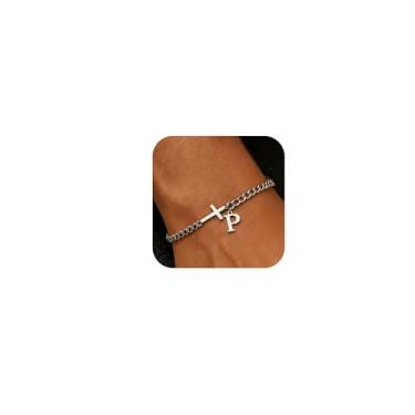 Imagem de chorfla Pulseiras com contas cruzadas masculinas inicial A - Z Faith Cross Bracelets, pulseira de corrente com inicial inicial de aço inoxidável, joia religiosa, presente para homens, One size fits
