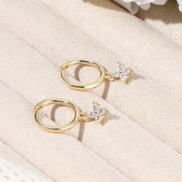 Imagem de Brincos de argola banhados a ouro 14 K para mulheres S925 prata esterlina pequenos brincos de argola de ouro CZ coração delicado pingente pingente de gota, standard, Cobre, Sem pedra preciosa