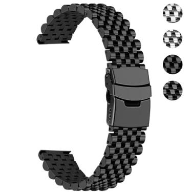 Imagem de YISIWERA Pulseira de relógio de aço inoxidável com 7 contas, 20 mm, 22 mm, liberação rápida, masculina e feminina, pulseira de relógio de metal com fivela dobrável (preto brilhante, 22 mm)