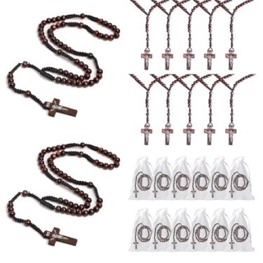 Imagem de PLKDJDM Colar de rosário de madeira, rosário católico, contas de oração, rosário sagrado, rosário com crucifixo e bolsa de presente de gaze para presente católico ou cristão