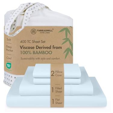 Imagem de Threadmill Lençóis de viscose feitos de bambu tamanho casal | Lençóis leves e sedosos refrescantes com bolso profundo | Respirável e regulador de temperatura | Roupa de cama para todas as estações |