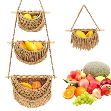 Imagem de Cestas de pendurar de algodão para parede, cesta de parede de 3 camadas, bolsa de armazenamento para cozinha e banheiro, decoração de parede boho macramê sobre a porta, organizador de parede cor café