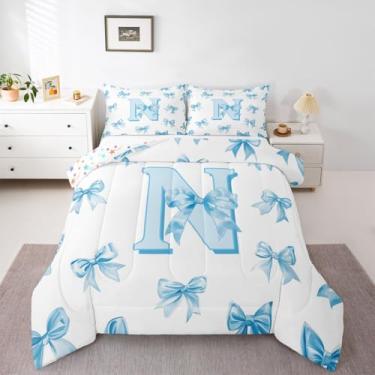 Imagem de Erosebridal Jogo de cama casal de princesas sonhadoras com laço e laço azul, letra N, fofo, kawaii, com laço, edredom romântico, para decoração de quarto