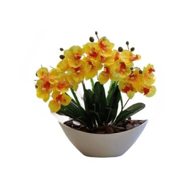 Imagem de Arranjo de Orquídea Artificial Phalaenopsis com Vaso Côncavo Branco e Casca Polida - Decoração Sofisticada para Ambientes Internos(Amarelo)