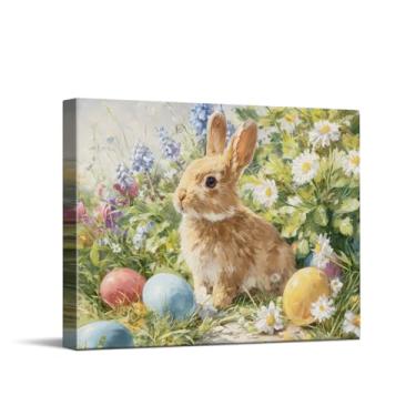 Imagem de CYFDYVT Pintura a óleo de primavera macia coelho com ovos de páscoa floral jardim impressão de arte de parede para decoração de casa sazonal sala de estar berçário arte em tela 20 x 25 cm