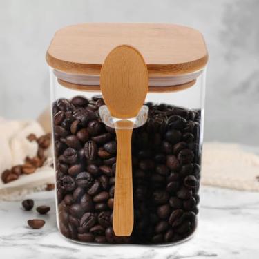 Imagem de Pote de Vidro com Tampa de Bambu, Hermético, Quadrado, 700ml, com Colher Acoplada, para Mantimentos e Condimentos