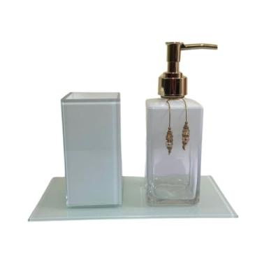 Imagem de Kit Lavabo Square 250ml com Porta Escova, Saboneteira e Bandeja Luxo(Branco Degrade C/Dourado)