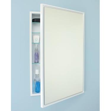 Imagem de Armário de remédios para banheiro embutido retangular Parker Metro Metro 50 x 71 cm, espelho flutuante, abertura de parede, aço revestido a pó, prateleiras de vidro ajustáveis, fecho magnético, branco