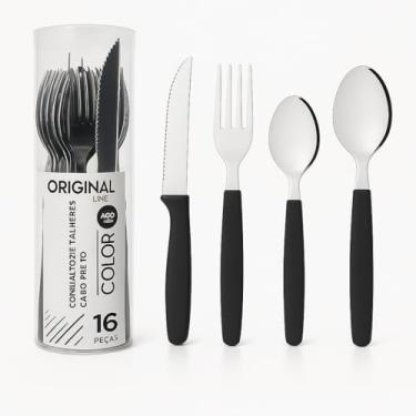 Imagem de Kit de Talheres Inox 16 Peças – Cabo Preto Ergonômico – Faca, Garfo e Colheres com Tubo Organizador