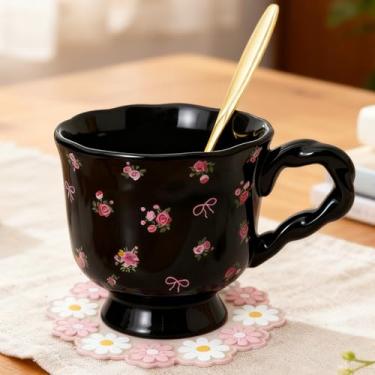 Imagem de Disoza Caneca de café fofa de cerâmica preta de 382 g personalizada Conquette Porcelana Xícara de chá de cappuccino Caneca com laço para mulheres meninas e mães