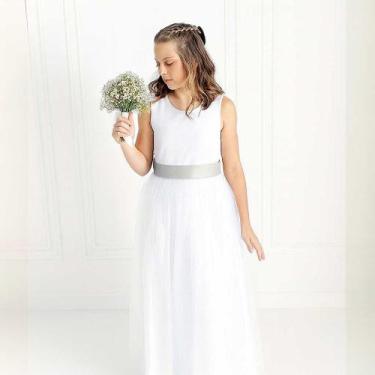 Imagem de Vestido Longo branco Faixa Lisa Prata Infantil com Saia Tule Branco fa