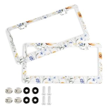 Imagem de SEHANY Molduras de placa de licença de flores florais coloridas, capas de moldura de placa de carro de alumínio à prova de ferrugem com orifícios elípticos e parafusos serve para veículos padrão dos