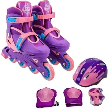 Imagem de Kit Patins Infantil 2 em 1 com Proteção Completa Ajustável Tamanho 30-33 Violeta para Meninas Roller Skate Quad