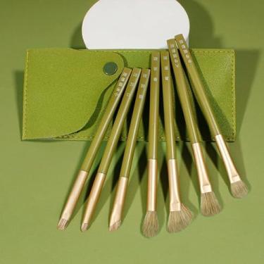 Imagem de Conjunto de pincéis de sombra verde abacate com 7 pincéis profissionais de maquiagem com bolsa de couro, kit de ferramentas cosméticas versáteis para sombra, delineador de sobrancelha e mistura