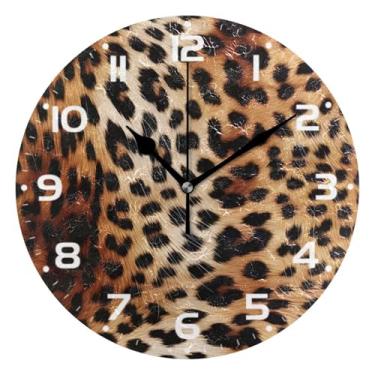 Imagem de JUZIHAI Relógio de parede com textura de pele de leopardo silencioso, sem tique-taque, relógios de parede redondos operados por bateria, fácil de ler, relógio decorativo de parede para casa, cozinha
