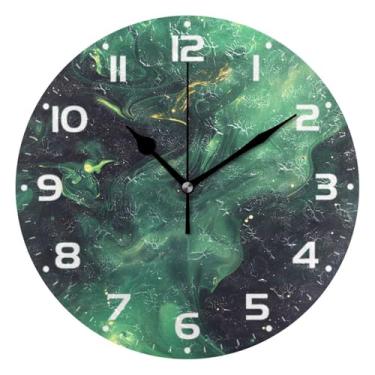 Imagem de JUZIHAI Relógio de parede de fundo verde e violeta, silencioso, sem tique-taque, relógios de parede redondos, operados por bateria, fácil de ler, relógio decorativo de parede para casa, cozinha, sala