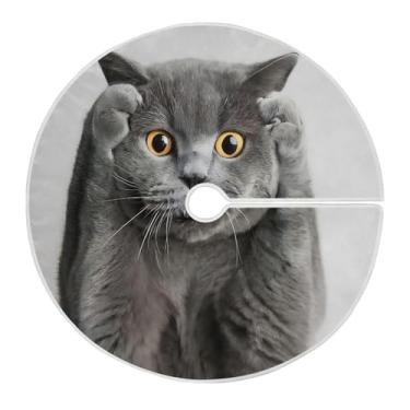 Imagem de Qilmy Saia para árvore de Natal, tapete de cobertura de base de árvore redonda cinza gato assustado, ornamentos festivos de Natal para decoração de festas de inverno em casa