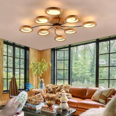 Imagem de Luminária de teto LED retrô com anel de madeira e metal, estilo meados do século, grande, dimerizável, com controle remoto, adequada para quarto, escritório, cozinha, quarto infantil, corred