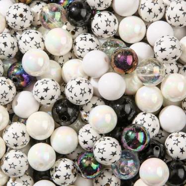 Imagem de CYEENUT Contas de acrílico de 16 mm, 100 peças, contas de estrela, preto e branco, miçangas, contas de chiclete, faça você mesmo, pulseiras de cabelo para bolsa de canetas, corrente de joias (hbxx)