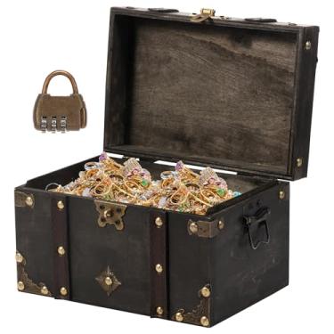 Imagem de Caixa de madeira vintage, baú de tesouro clássico, grande armazenamento de madeira, recipiente decorativo verde, decoração de pirata para coleção de artesanato de mesa, adereços para fotos, decoração