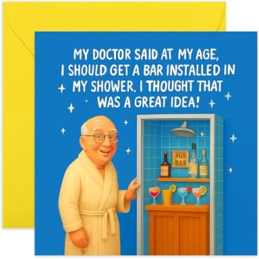 Imagem de Cartão de aniversário masculino engraçado para pai, homem no chuveiro com bar de pub, humor de piada de velhice para marido irmão avô - quadrado, em branco por dentro com envelope premium