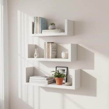 Imagem de Kit 3 Prateleiras Nicho U Livros Decorativo Mdf 40 50 60x15 Branco