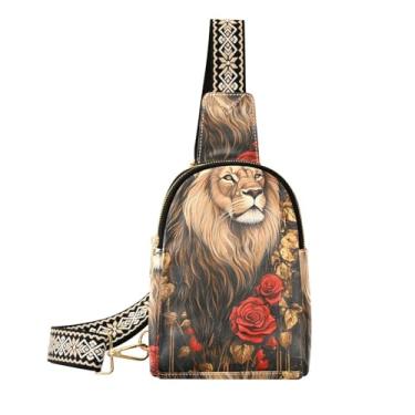 Imagem de CEBUGI Bolsa tiracolo feminina Lion Roses pequena de couro, pochete transversal para trilhas, viagens ao ar livre