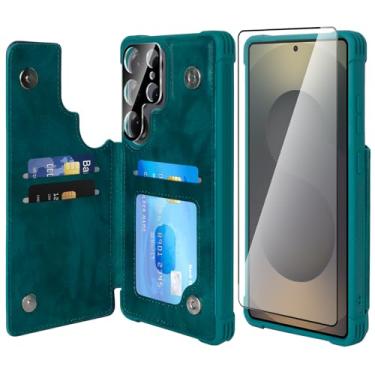 Imagem de VANAVAGY Capa carteira para Galaxy S25 Ultra para mulheres e homens, capa de telefone de couro PU compatível com suporte magnético para carro com bloqueio de RFID para S25 Ultra 17,5 cm, verde