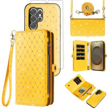 Imagem de Capa de celular para Samsung Galaxy S25 Ultra 5G Carteira com zíper destacável com protetor de tela transversal alça alça flip glitter suporte para cartão S25Ultra 25S S 25 25Ultra 6,9 2025 feminino