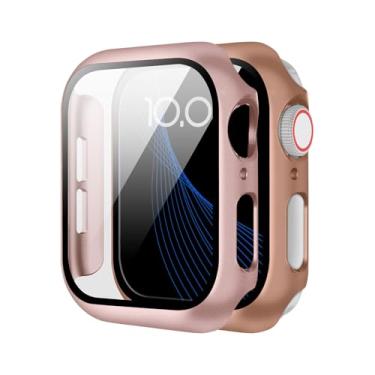 Imagem de (Pacote com 2) Compatível com Apple Watch Series 10/9/8/7/6/5/4, com um protetor de tela de vidro temperado e uma capa rígida de PC para proteção total. (ouro rosa + rosa rosa, 44 mm)