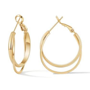 Imagem de Gacimy Brincos femininos de argola dupla de 3 mm de largura, banhados a ouro 14K, pequenos de 25 mm