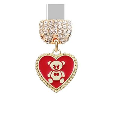Imagem de ELISE & FONDA TP1018 Tipo-C Porta de Carregamento Cristal Antipoeira Plug Little Love Heart com Urso de Pelúcia Berloque Celular para iPhone 15/16/Samsung/OnePlus/Xiaomi/Oppo Telefones Android